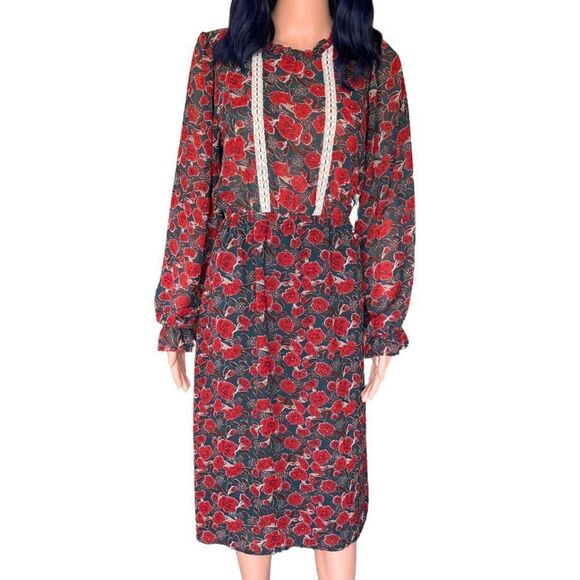 Hayden Los Angeles Green Red Floral Midi Dress Size Medium Cottagecore - Picture 2 of 6